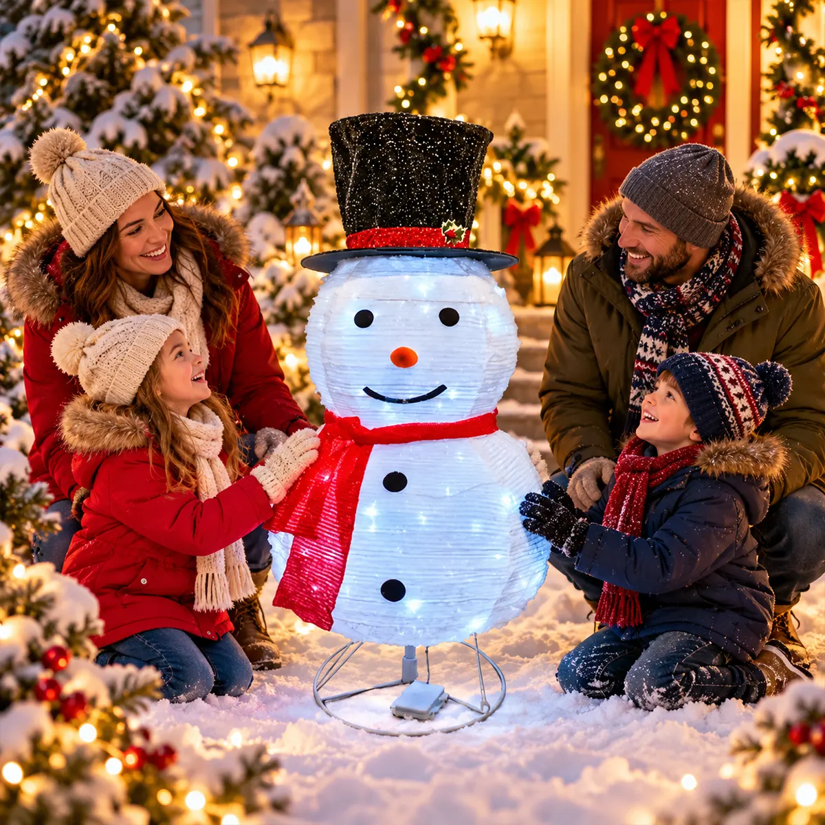 novogodisnji_snesko_belic_visine_100cm_sa_led_svetlom LED figura Sneška Belića sa crnom kapom i crvenim šalom za toplu i veselu prazničnu atmosferu u domu