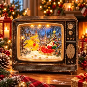 bozicni_retro_televizor_svetleci_sa_muzikom Božićni retro televizor svetleći sa muzikom donosi LED svetlo, Deda Mraza i snežnu prazničnu scenu u dom