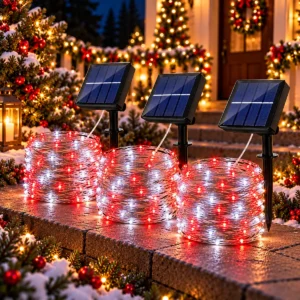 Solarne sijalice crvenobele 30m sa 300 LED svetala stvaraju bogat crveno-beli praznični sjaj u dvorištu