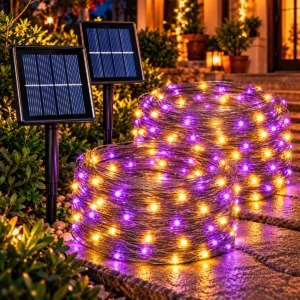Solarne sijalice ljubičasto-žute 10m sa 100 LED svetala za ogradu, pergolu i večernju dekoraciju dvorišta